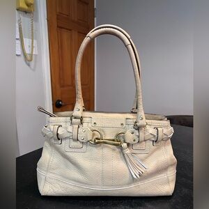 Coach Hampton Carryall Cream Pebbled Shoulder Bag with Brass Accents
